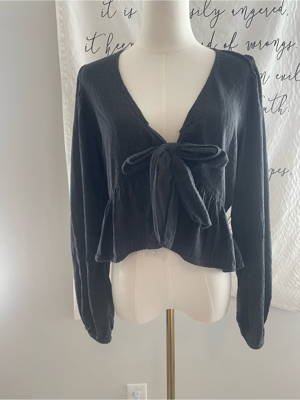 American Eagle Outfitters Black Tie-Front Peplum Long-Sleeve Top